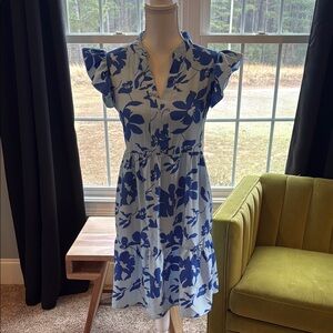 SHEIN Blue and White Flutter Sleeve Midi Dress